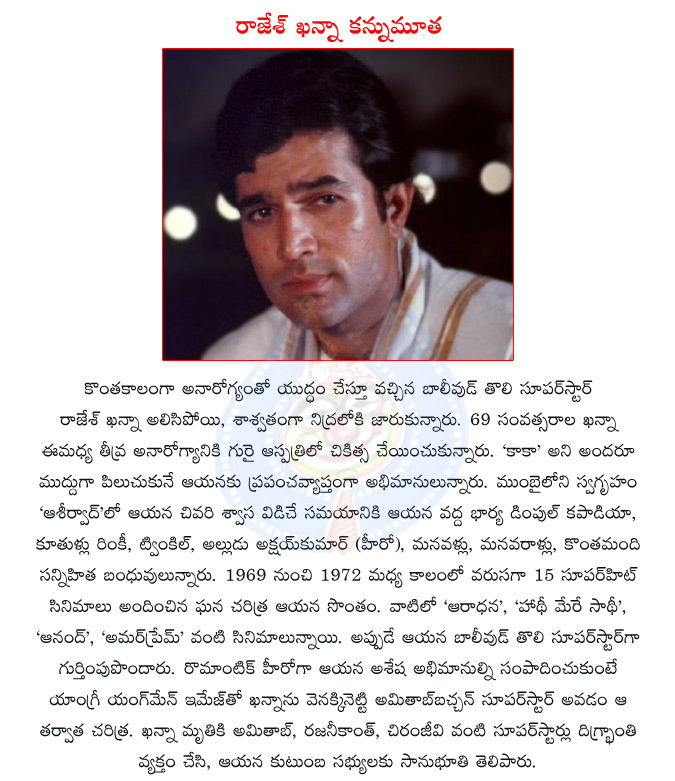 rajesh khanna,bollywood actor rajesh khanna,bollywood first superstar rajesh khanna,rajesh khanna passes away,dimple kapadia,twinkle khanna,akshay kumar,amitabh bachchan  rajesh khanna, bollywood actor rajesh khanna, bollywood first superstar rajesh khanna, rajesh khanna passes away, dimple kapadia, twinkle khanna, akshay kumar, amitabh bachchan